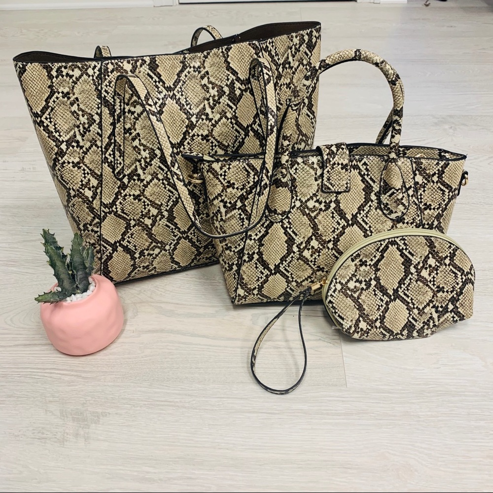 Le Miel 3 Piece Snakeskin Print Handbag Set Tote Satchel Wristlet New with‎ Tags